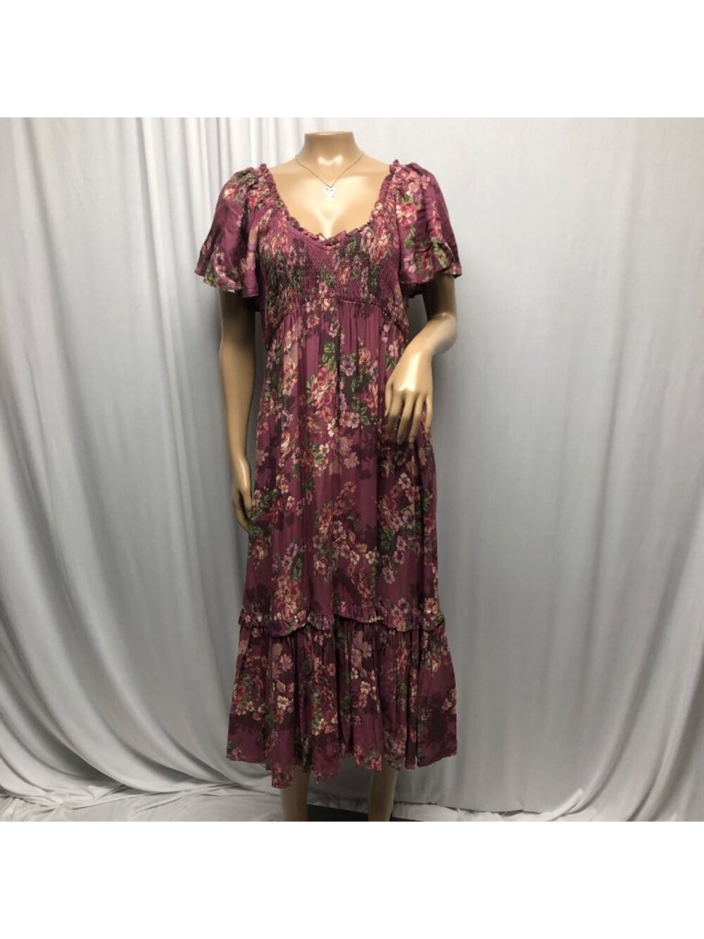 Maurices Midi Dress Womens Size Small Floral Burgundy Smocked Tiered Prairie